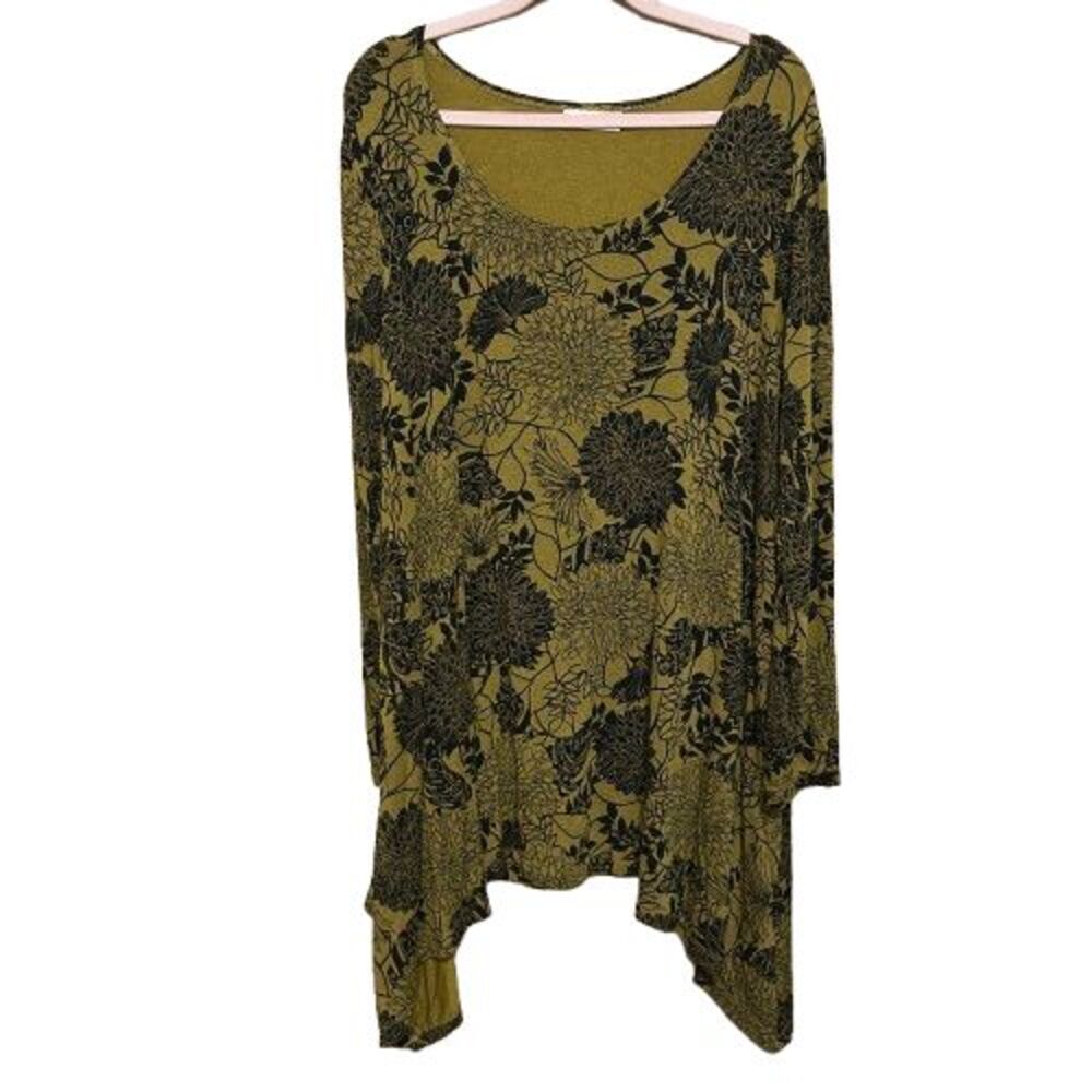 Bryn Walker Tunic Dress Women XL Green Black Floral Asymmetric Lagenlook Artsy